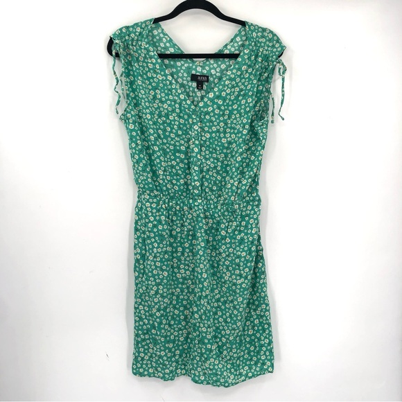 A.N.A. Green Ditsy Floral Dress Ruched Tie Shoulder Rayon Sundress Daisy Pockets - Picture 2 of 7